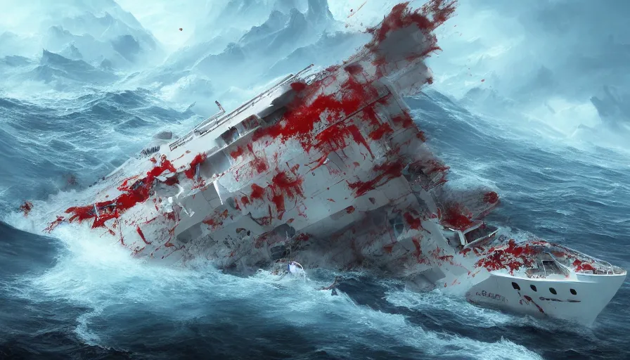 Image similar to cruise ship sinking in blood sea, hyperdetailed, artstation, cgsociety, 8 k