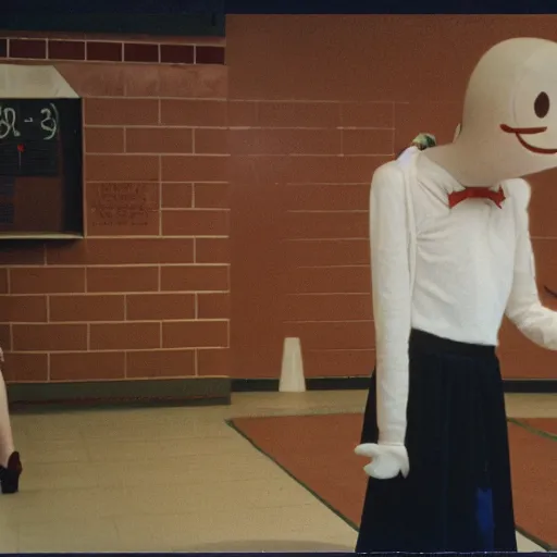 Image similar to teenage girl holds hands with smiley inflatable boyfriend at high school, 1978 color Fellini film, in school hallway, dirty walls, archival footage, technicolor film, 16mm, live action, John Waters, campy