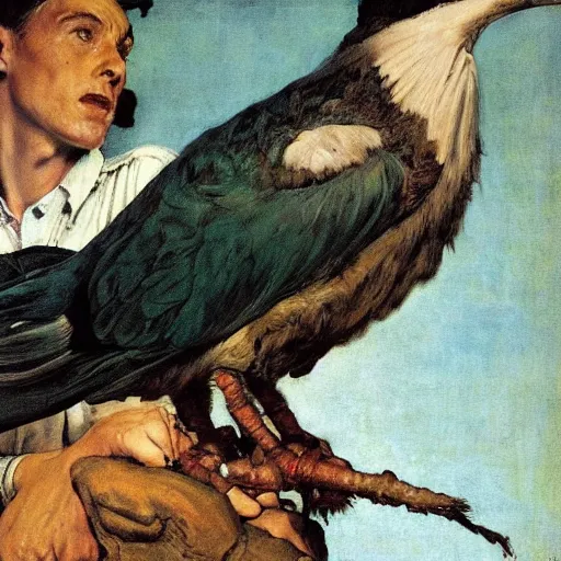 Prompt: mesozoic, teal gloomy by norman rockwell, by zinaida serebriakova. a installation art of a man, with an animal skull for a head, & a large bird perched on his shoulder. the man is looking up at the bird with a fierce expression, & the bird is looking back at him with an equally intense gaze.