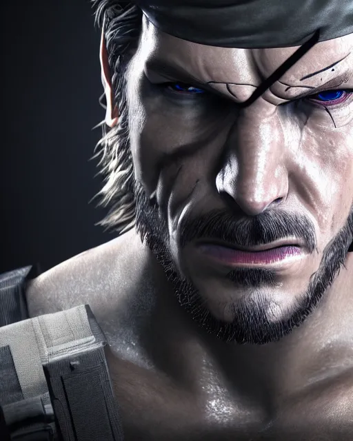 Prompt: solid snake portrait, cinematic lighting, anguished crying screaming black atmospheric background, 4 k photography hdr