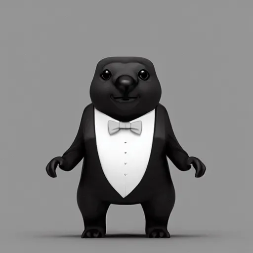 Prompt: marmot in a tuxedo while holding a pencil looks to the camera, digital art, 3 d rendered in octane, blender, maya, shadows, lighting, cute