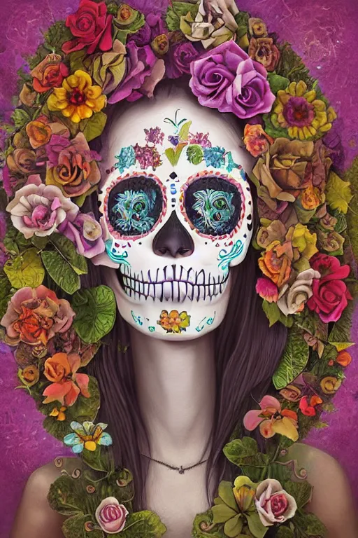 Image similar to illustration of a sugar skull day of the dead girl, art by gediminas pranckevicius