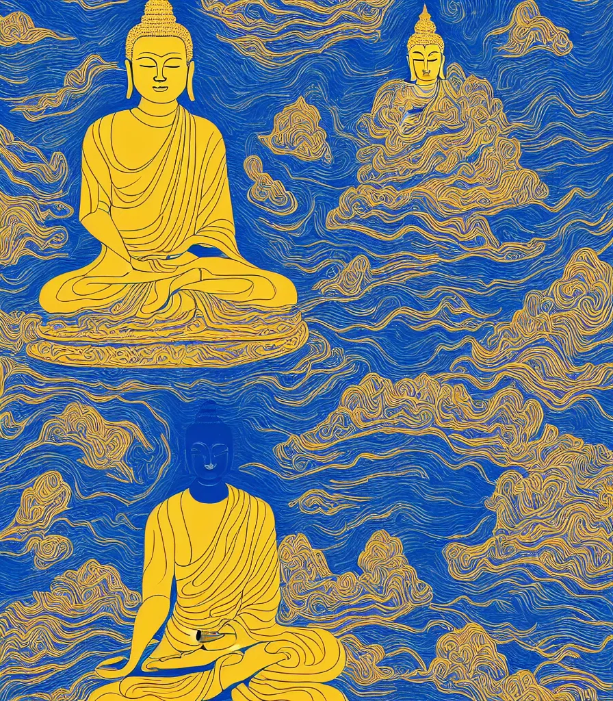 Image similar to a beautiful lineart painting of who buddhas meditating on a big cliff gazing into the universe, 4 k, high resolution, symmetrical lines, blue and gold color scheme, golden ratio