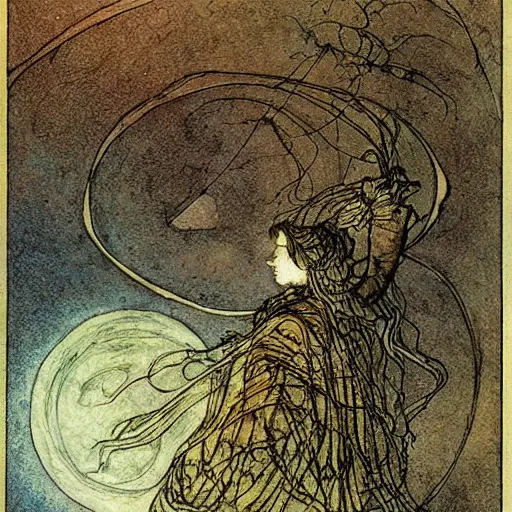 Prompt: Liminal space in outer space by Arthur Rackham, colored