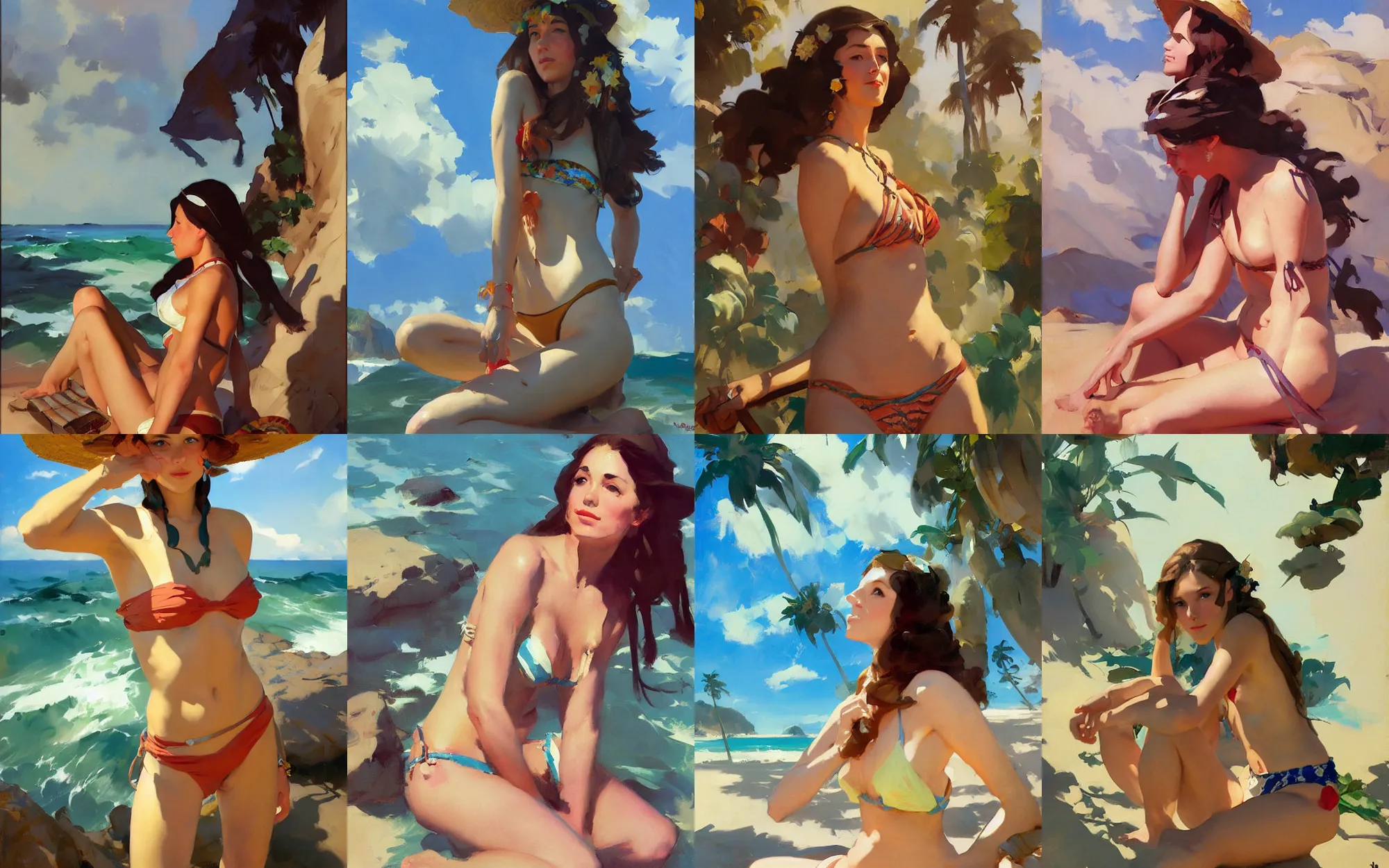 Image similar to portrait of vintage hippie bikini girl traveler greg manchess painting by sargent and leyendecker, studio ghibli, fantasy, medium shot, asymmetrical, intricate, elegant, matte painting, illustration, hearthstone, by greg rutkowski, by greg tocchini, by james gilleard, by joe fenton