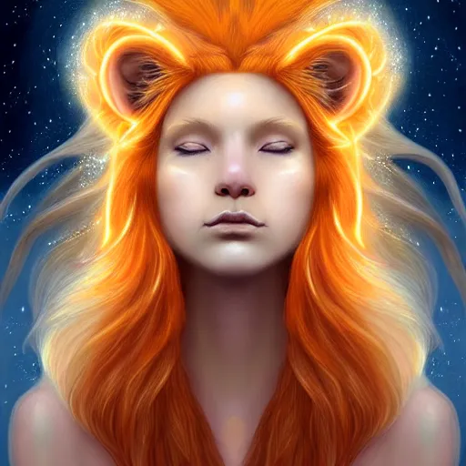 Image similar to Portrait of a girl angel with pale orange colored frizzy strands of illuminated hair, Lion essence, cat ears on her head, glowing halo, Lion's Mane, Cosmic, Lion's Gate, 8/8, fantasy, intricate, elegant, highly detailed, digital painting, artstation, concept art, smooth, sharp focus, illustration, art by Krenz Cushart and Artem Demura and alphonse mucha