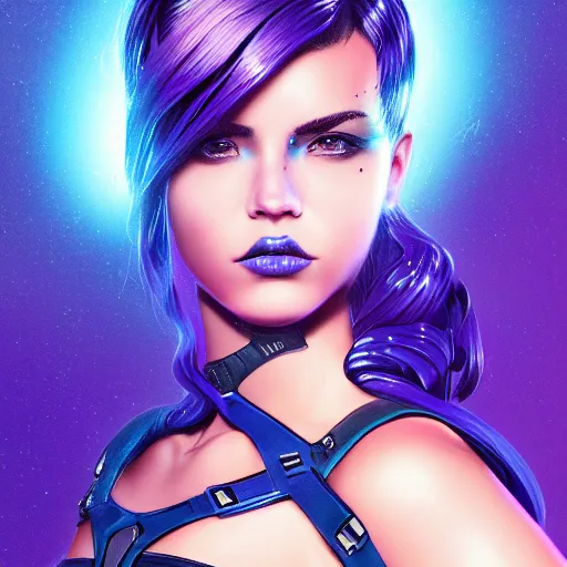 Image similar to a stunning upper body portrait of a beautiful young woman wearing futuristic navy blue and teal battle bodyarmor with pauldrons and luminescent fine lines and ombre purple and pink hairstyle with hair blowing in the wind, by marvel comics, highly detailed, fine detail, intricate, digital art, trending on artstation