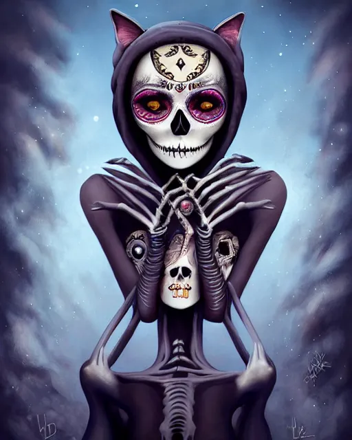 Prompt: a surrealistic head and shoulder painting of a gorgeous female skeleton with cat eyeballs and lipstick and hoodie, in the style of lise deharme, digital art, detailed masterpiece