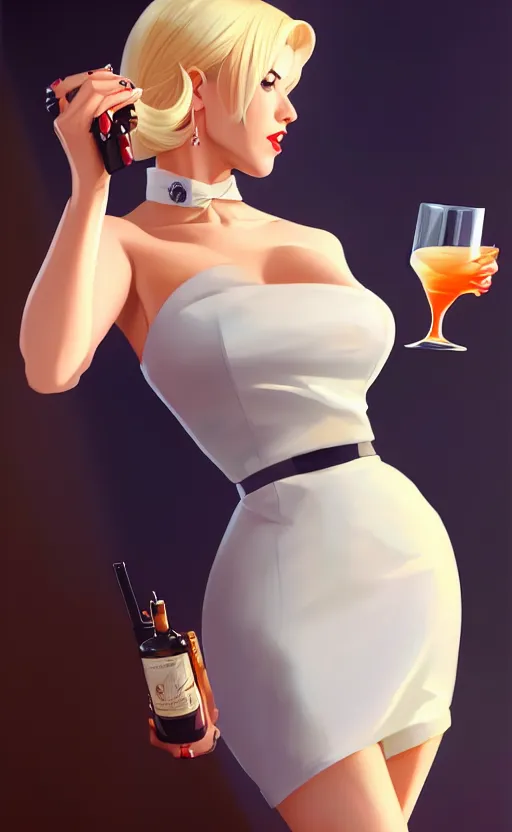 Prompt: an attractive blonde femme fatale woman, wearing a cocktail dress, pointing a pistol, anime. realistic shaded lighting by ilya kuvshinov giuseppe dangelico pino and michael garmash and rob rey, 8 k
