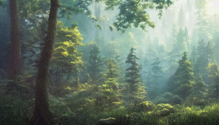 Image similar to A highly detailed matte painting of a dense forest by Mokoto Shinkai, hyperrealistic, breathtaking, beautiful composition, by Artgerm, by beeple, by Studio Ghibli, volumetric lighting, unreal 5 render, detailed, oil painting, 4K resolution, trending on artstation