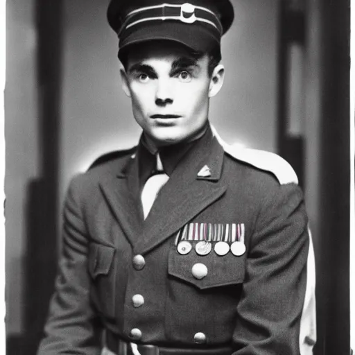 Image similar to cillian murpht in a world war ii uniform, black and white film photography, cabinet card, 2 5 mm lens, cinematography by roger deakins