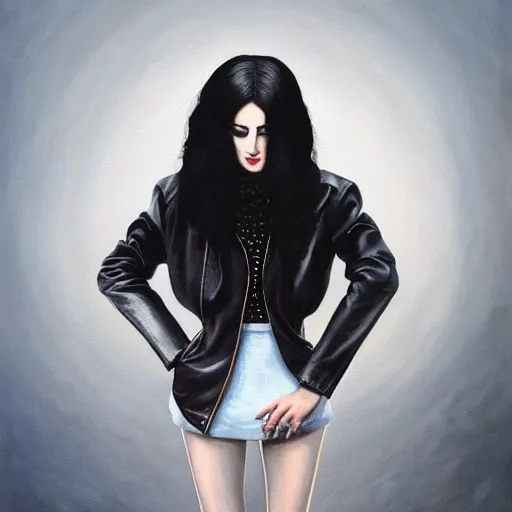 Image similar to a painting of a black haired woman in a leather jacket, an ultrafine detailed painting by rafal olbinski, behance contest winner, pop surrealism, detailed painting, very detailed, minimalist, skeuomorphic, airbrush art