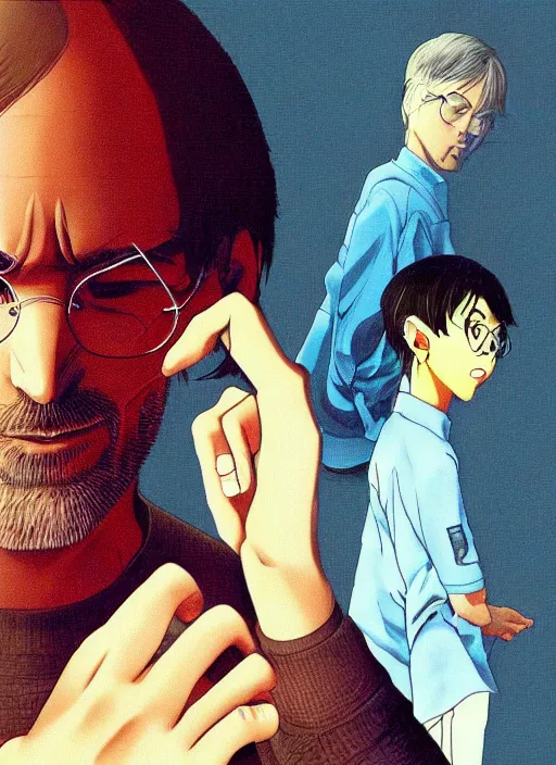 Image similar to steve jobs revealing the iphone as manga, 8 k, color, by katsuhiro otomo and hiroya oku and makoto yukimura