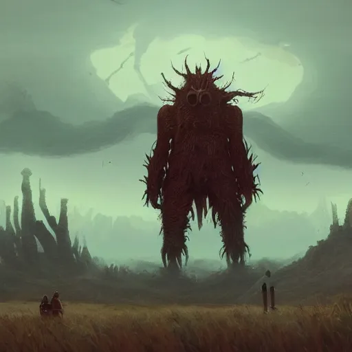 Prompt: a digital painting of a gigantic big enormous humanoid monster standing in the sky, concept art by simon stalenhag and peter mohrbacher cgsociety, vanitas, ominous, lovecraftian, speedpainting, apocalypse art. mist. unreal engine. hyper - realistic. photo realistic. octane render. detailed masterpiece. extreme wide shot.