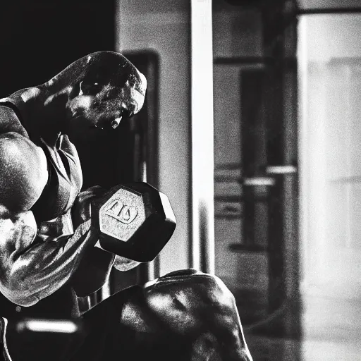 Image similar to black & white epic!!! photograph of super mario in the gym lifting a dumbbell with one hand, very angry!!!!!! face, motivational poster, highly detailed, cinematic lighting, photo, award - winning photograph, professional photograph, dramatic posing, 8 k quality, dramatic rim lighting, high quality