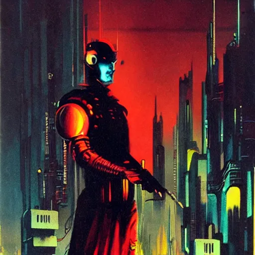 Image similar to cyberpunk knight, epic pose, by jack gaughan, pulp, sci - fi, atmospheric lighting, painted, intricate, ultra detailed