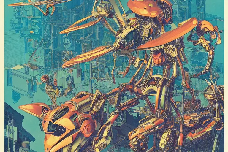 Prompt: gigantic dragonflies with human faces catch tiny robots, a lot of exotic mechas robots around, human heads everywhere, risograph, colorful flat surreal design, super - detailed, a lot of tiny details, fullshot, by luigi serafini and moebius