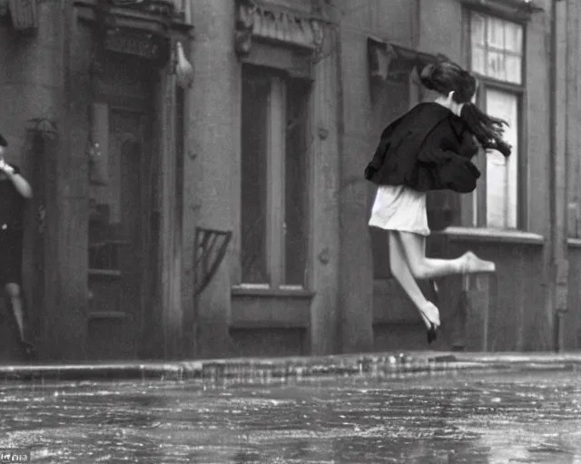 Image similar to A woman wearing a dress leaping over a large puddle in the street, the decisive moment by Henri Cartier-Bresson, photographed on a Leica camera