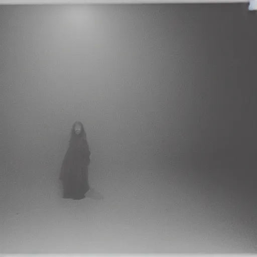 Image similar to Photograph of Samara Morgan crawling through Silent Hill, dark, no lights, moist, taken using a film camera with 35mm expired film, bright camera flash enabled, award winning photograph, creepy, liminal space