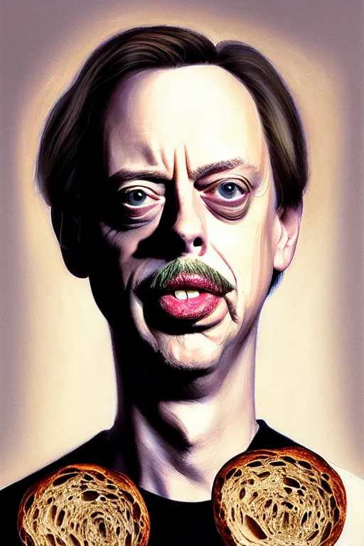 Image similar to beautiful portrait half steve buscemi wearing sourdough bread, by greg rutkowski