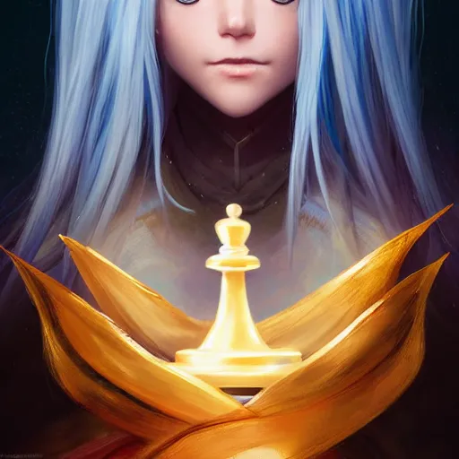 Image similar to rimuru tempest from tensura playing chess, perfect hands, with amber eyes of golden colored eyes, straight hair, sky blue hair, long bangs, high collar, concept art, award winning photography, digital painting, cinematic, wlop, 8 k, by ross tran, tom bagshaw, andy warhol