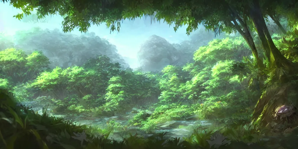 Image similar to Anime environment, huge jungle, animals, simple, rough draft, sketch, muted colors, 8k, trending on artstation