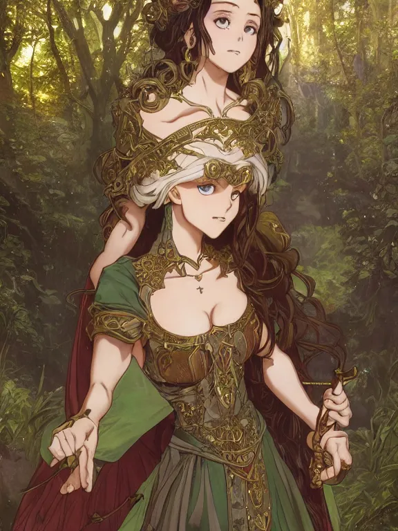 Image similar to anime key visual of amora the enchantress wearing a medieval gown!! intricate, magical forest, stunning, highly detailed, digital painting, artstation, smooth, hard focus, illustration, art by artgerm and greg rutkowski and alphonse mucha