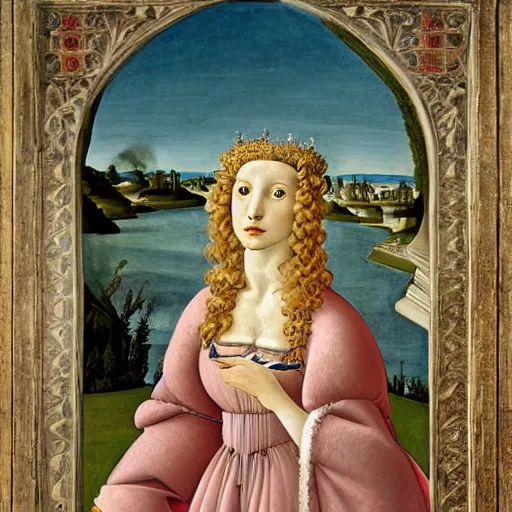 Prompt: portrait of a white poodle with curly white hair as an italian queen, painting by botticelli, 1 4 8 0 s
