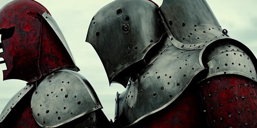 Image similar to film still of closeup the knight in shattered armor holds a bleeding heart by emmanuel lubezki