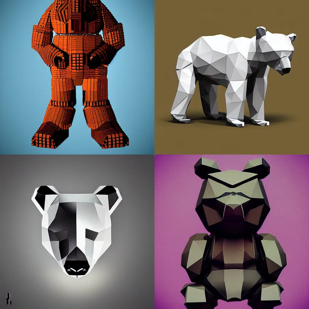 Prompt: “low poly robotic bear, dotart”