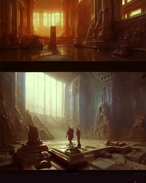 Image similar to extremely beautiful high detailed long portrait of a solid interior scene with a temple of internet. by daniel f. gerhartz and artgerm and greg rutkowski. intricate details, sci - fi details, a lot of monitors, energetic mood, golden ratio composition, trending on artstation, volumetric lighting, 4 k, 8 k