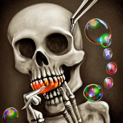 Image similar to happy skeleton blowing soap bubbles with bone utensils, dark horror, digital art, high detail