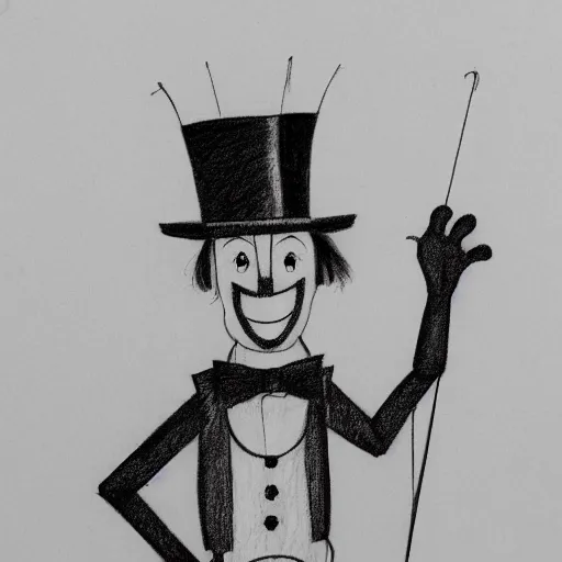 Image similar to a 2 d pencil sketch of a smiling marionette puppet wearing a top hat, highly detailed