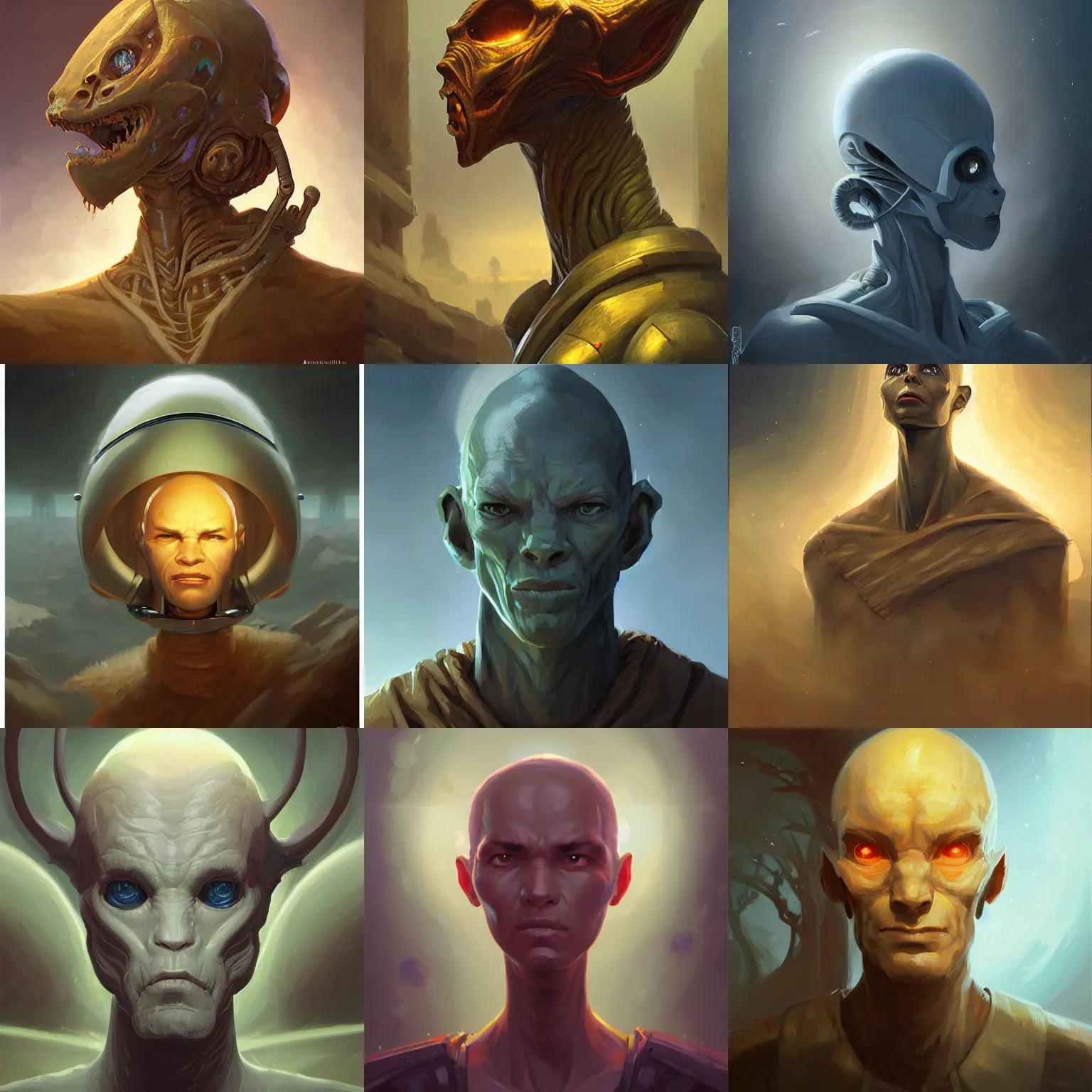 Prompt: three quarter view, extraterrestrial lifeform portrait, intelligent, peaceful, cultured, friendly, whole head, 3/4 view, dramatic lighting, painted by andreas rocha