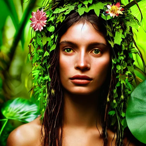 Image similar to photographic portrait of a stunningly beautiful amazonian tribal female face in amongst the jungle foliage, leaves, flowers, vines, contemporary fashion shoot, by edward robert hughes, annie leibovitz and steve mccurry, david lazar, jimmy nelsson, breathtaking, 8 k resolution, extremely detailed, beautiful, establishing shot, artistic, hyperrealistic, beautiful face, octane render