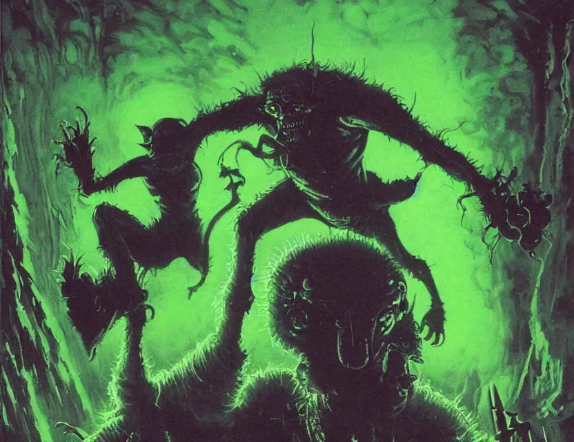 Image similar to a close - up view portrait of a silhouetted supernatural goblin in brutalist halls with metallic alien technology. close - up view, detailed textures. glowing green purple fog, dark black background. highly detailed fantasy science fiction painting by moebius, norman rockwell, frank frazetta, and syd mead. rich colors, high contrast