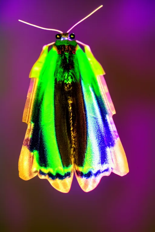 Image similar to high quality close-up photo iridescent moth! jeweled gorgeous! highly detailed david ligare elson peter cinematic neon lighting high quality low angle hd 8k sharp shallow depth of field