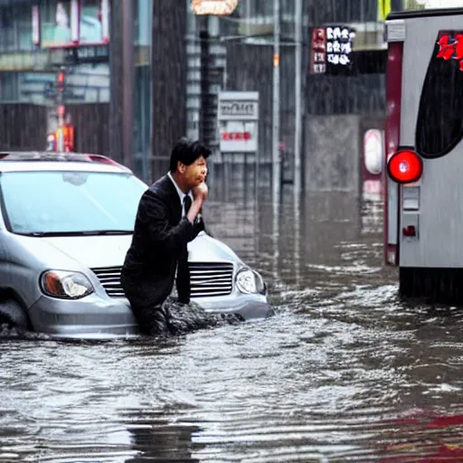 Prompt: seoul city is flooded by heavy rain. A guy with suit is sitting on the top of the A car is middle of the street flooded.