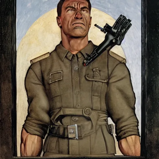 Prompt: portrait of Nazi Arnold Schwarzenegger as a Wolfenstein character, by Angus McBride, Gentile Bellini, Piero della Francesca, and Arthur Rackham. HD face portrait.