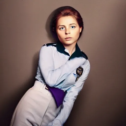 Image similar to a real human young policewoman, her photo inspired design of judy hopps, photographed by annie leibovitz