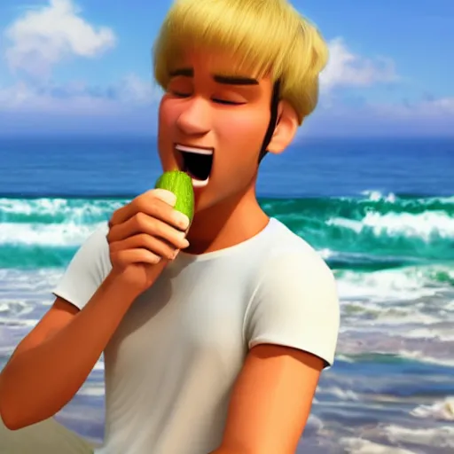 Prompt: blonde male character makes vocation on a beach eating a cocumber, pixar style, detailed