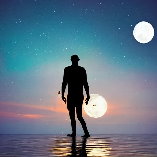 Image similar to long shot of a man with fox ears standing in the ocean, digital art, acrylic, detailed, glows, moonlight, bokeh, depth of field, colorful,