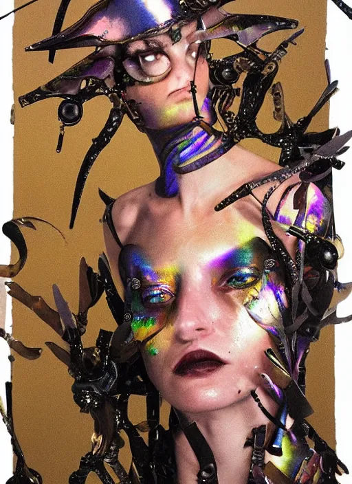 Image similar to a woman with iridescent skin, pirate weapons, by van herpen, iris