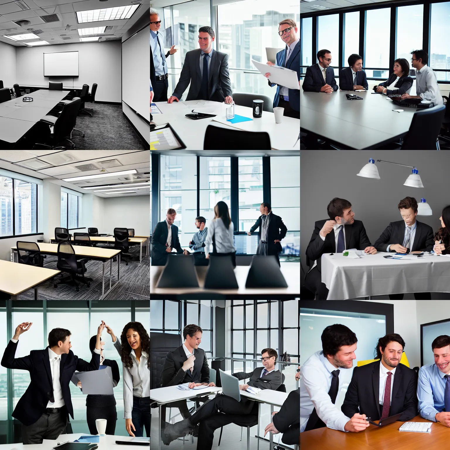 Prompt: three accountants party in a conference room, Nikon, office, photograph