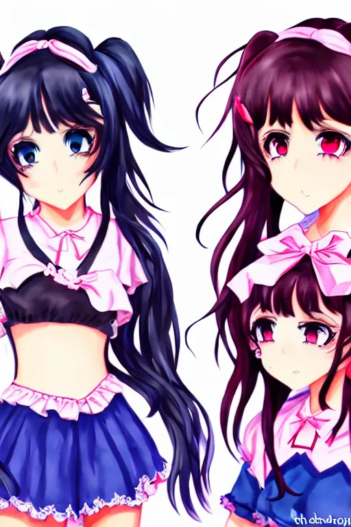 Prompt: two beautiful female idols with short twintails facing each other, detailed anime art