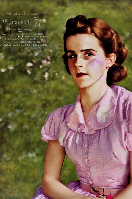 Image similar to photo photorealistic medium shot head and chest portrait photograph Emma Watson picnic 1950s colorful portrait by Norman Rockwell, Cecil Beaton, Lee Miller, Irving Penn, David Bailey, Corinne Day, Patrick Demarchelier, Nick Knight, Herb Ritts, Mario Testino, Tim Walker, Bruce Weber, Edward Steichen, Peter Lindbergh, Albert Watson