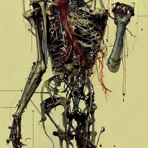 Prompt: a skeletal cyberpunk assassin wires cybernetic implants, in the style of adrian ghenie, esao andrews, jenny saville,, surrealism, dark art by james jean, takato yamamoto
