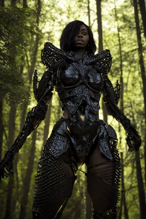 Image similar to hyperrealistic long shot mithra gorgeous black woman intricate exoskeleton bone armor in a forest sun behind her concept art eric zener elson peter cinematic light low angle hd 8k sharp rack focus