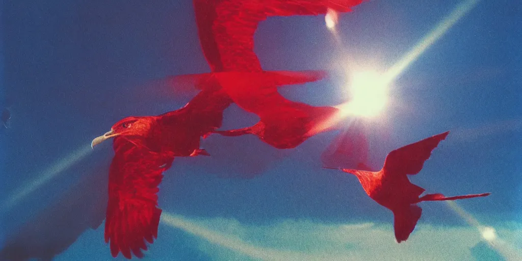 Prompt: analog polaroid photograph of a kling bird of prey from star trek flying above the ocean, seen from above, drone footage, bright sun reflection in the water, lensflare, film grain, azure tones, red color bleed