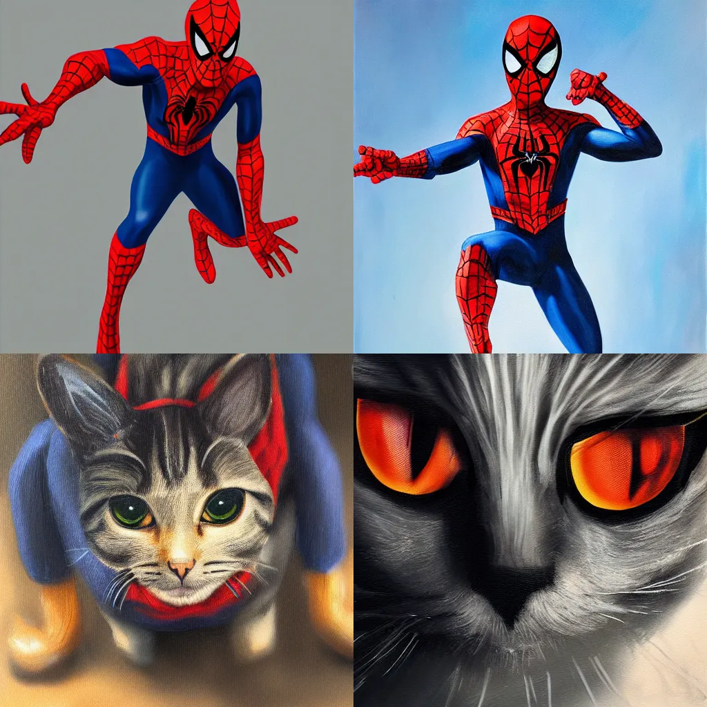 Prompt: A cat dressed like Spider-Man, 4k, hi-res, oil painting